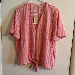 Michael Kors Coral Peach striped button-front tie-hem chiffon top shirt NWT